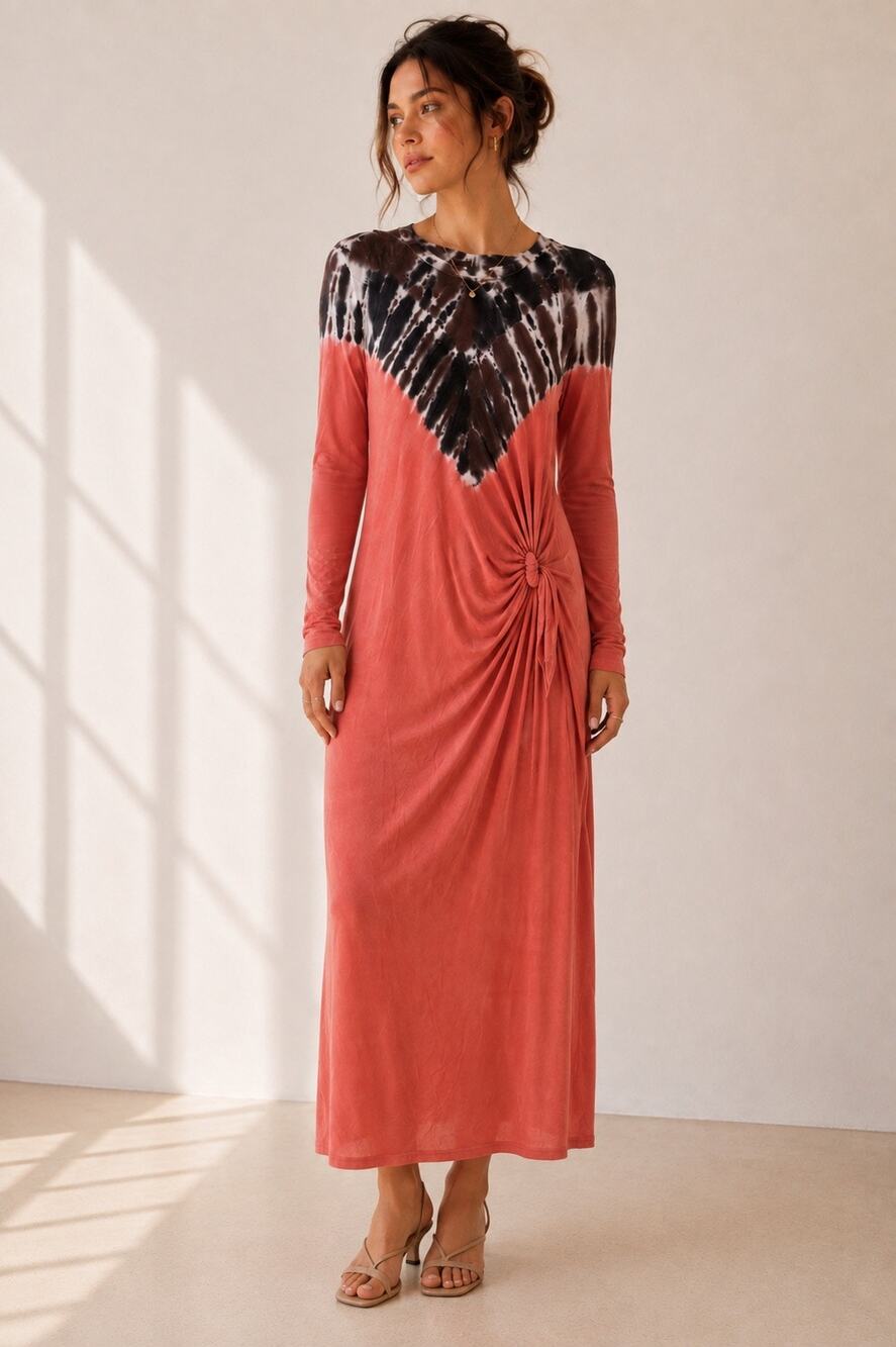 Young Fabulous & Broke Tie Dye Ruched Side Knot Maxi Dress Coral Brown M NWOT